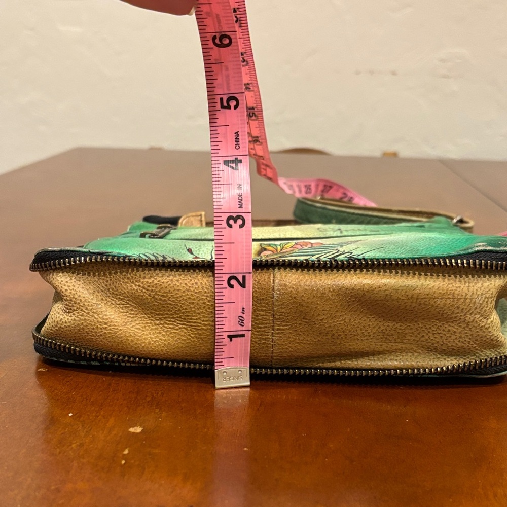 Anuschka Green Adjustable Crossbody Bag with Peacock and Floral‎ Art - Picture 14 of 16